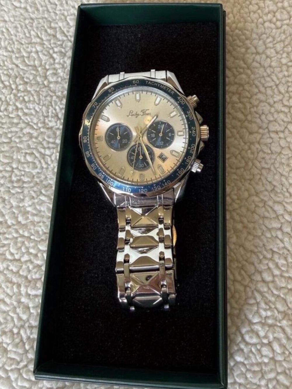 Lucky Fours Men's Silver Chronograph Watch with Blue Accents & Date | New w/box